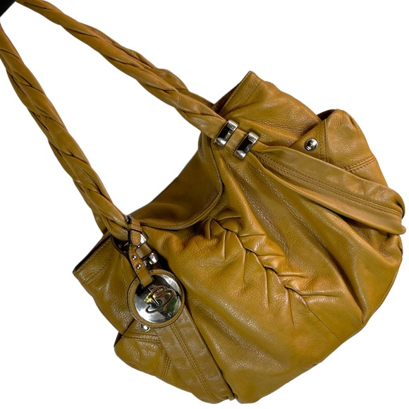 B. Makowsky Camel Leather Hobo w/ Braided Handle Magnetic Closure Leopard Lining - Picture 1 of 15